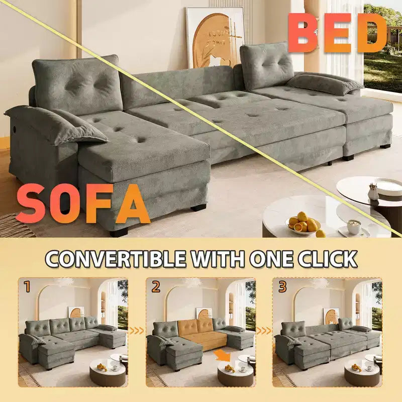 Divano letto componibile a U beige/grigio chiaro/arancione, 5 posti, con letto estraibile e porte USB