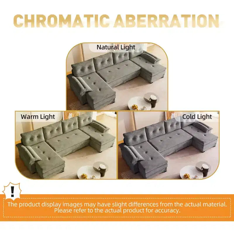 Divano letto componibile a U beige/grigio chiaro/arancione, 5 posti, con letto estraibile e porte USB