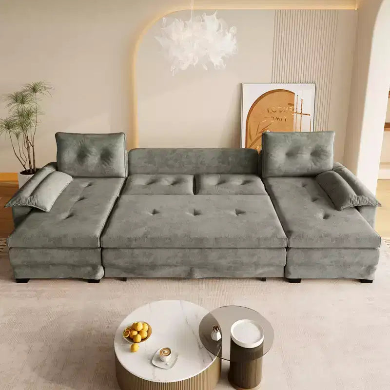 Divano letto componibile a U beige/grigio chiaro/arancione, 5 posti, con letto estraibile e porte USB