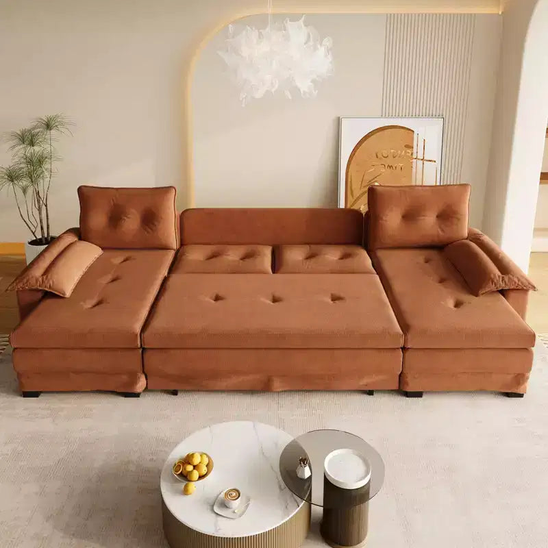 Divano letto componibile a U beige/grigio chiaro/arancione, 5 posti, con letto estraibile e porte USB