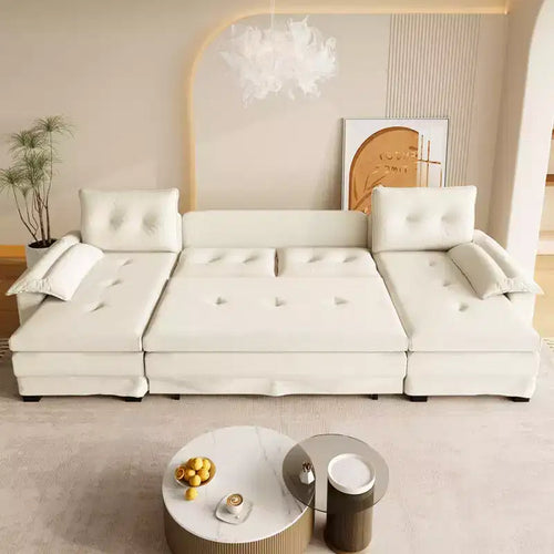 Divano letto componibile a U beige/grigio chiaro/arancione, 5 posti, con letto estraibile e porte USB