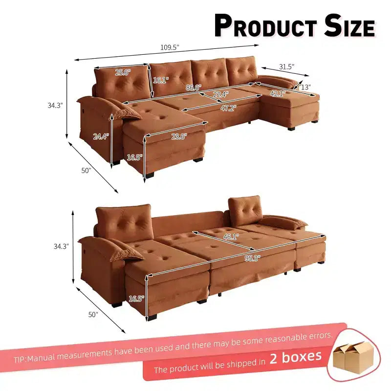 Divano letto componibile a U beige/grigio chiaro/arancione, 5 posti, con letto estraibile e porte USB