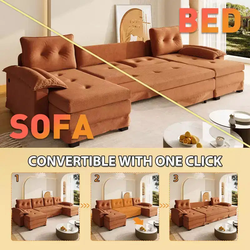 Divano letto componibile a U beige/grigio chiaro/arancione, 5 posti, con letto estraibile e porte USB