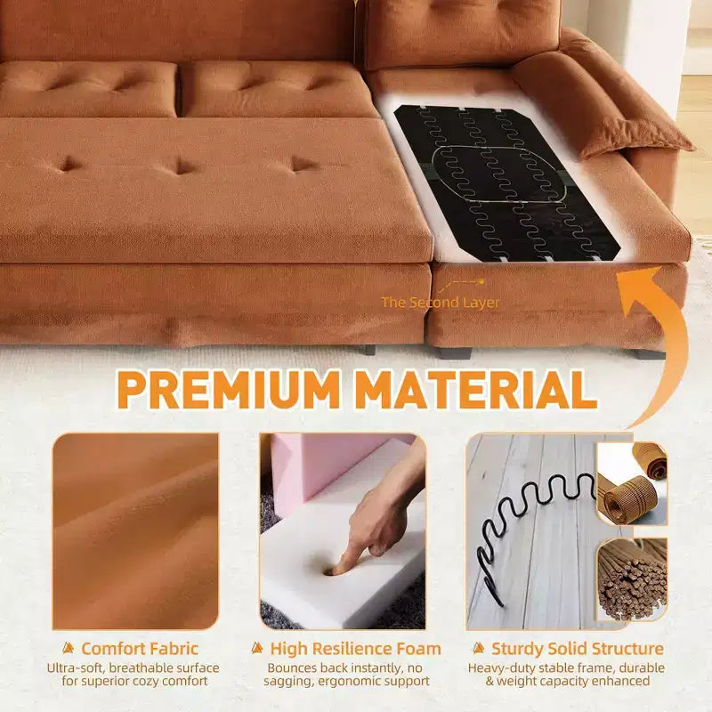 Divano letto componibile a U beige/grigio chiaro/arancione, 5 posti, con letto estraibile e porte USB