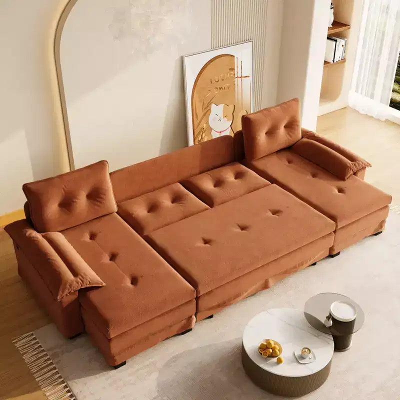 Divano letto componibile a U beige/grigio chiaro/arancione, 5 posti, con letto estraibile e porte USB