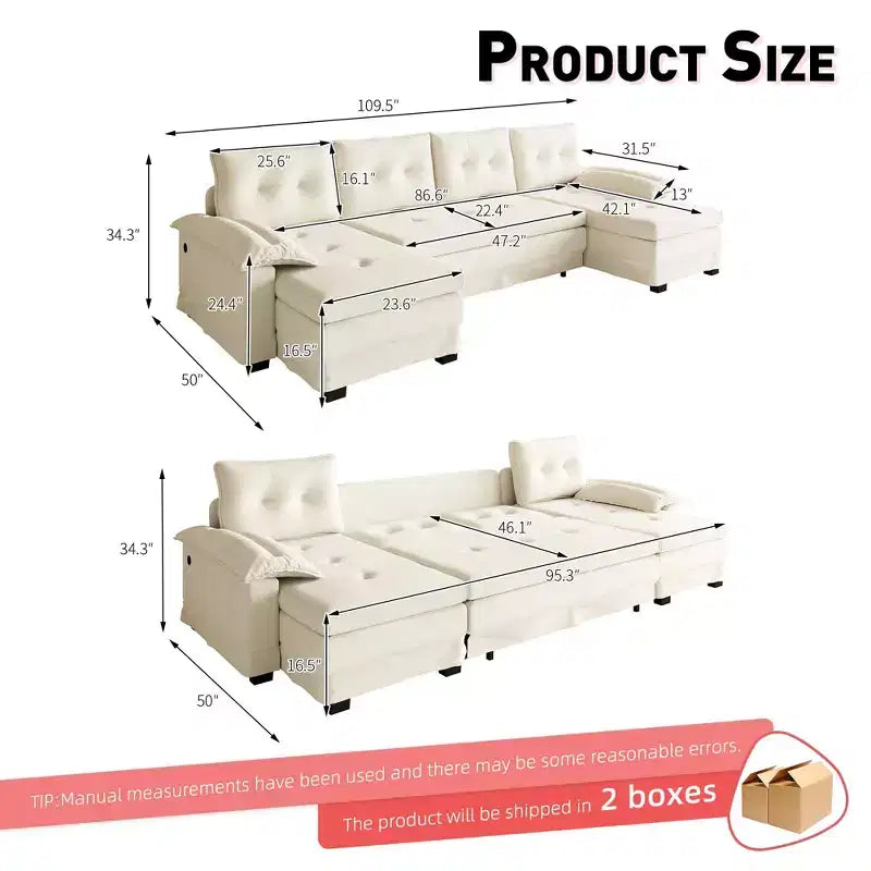 Divano letto componibile a U beige/grigio chiaro/arancione, 5 posti, con letto estraibile e porte USB
