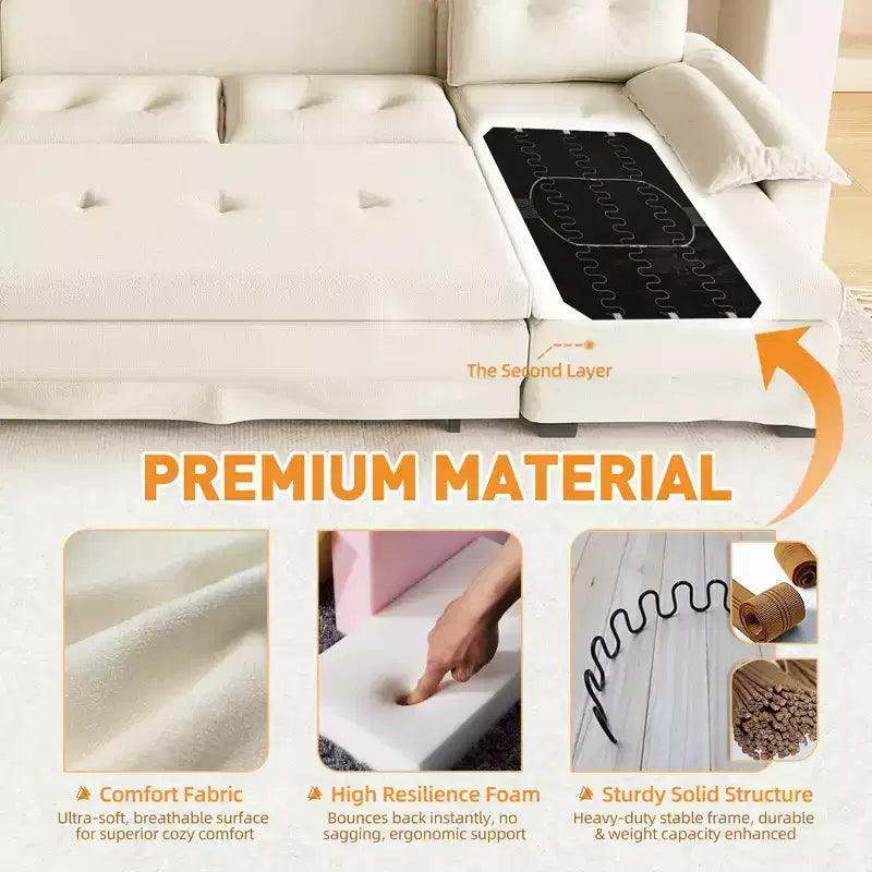 Divano letto componibile a U beige/grigio chiaro/arancione, 5 posti, con letto estraibile e porte USB