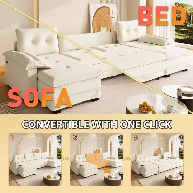 Divano letto componibile a U beige/grigio chiaro/arancione, 5 posti, con letto estraibile e porte USB