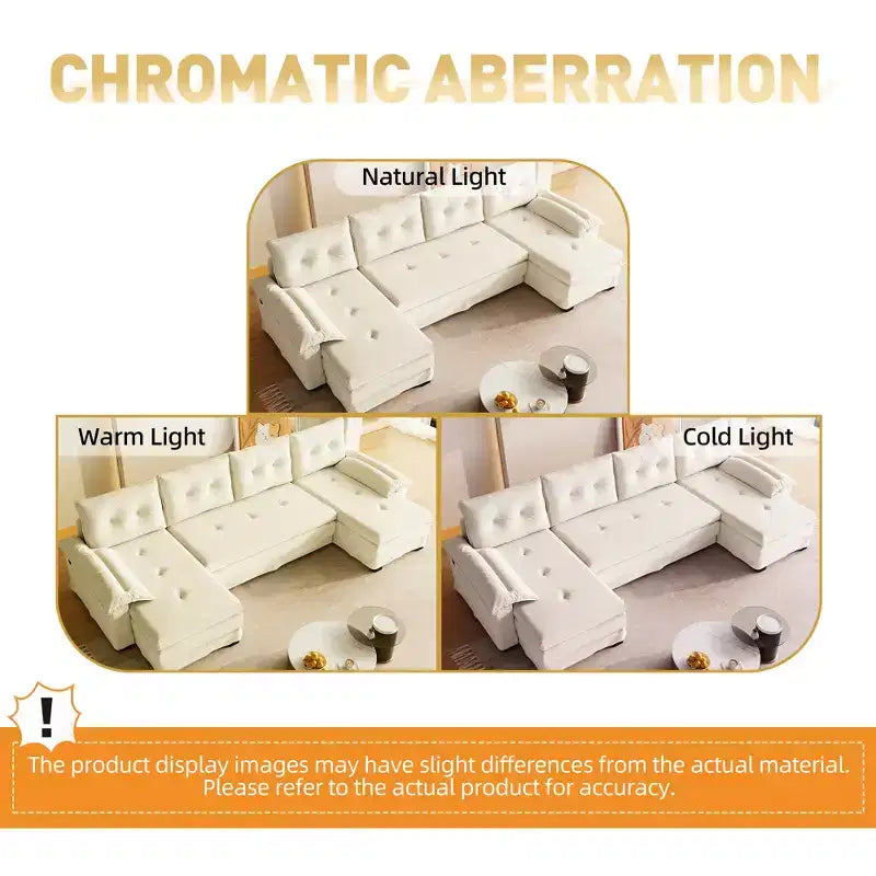 Divano letto componibile a U beige/grigio chiaro/arancione, 5 posti, con letto estraibile e porte USB