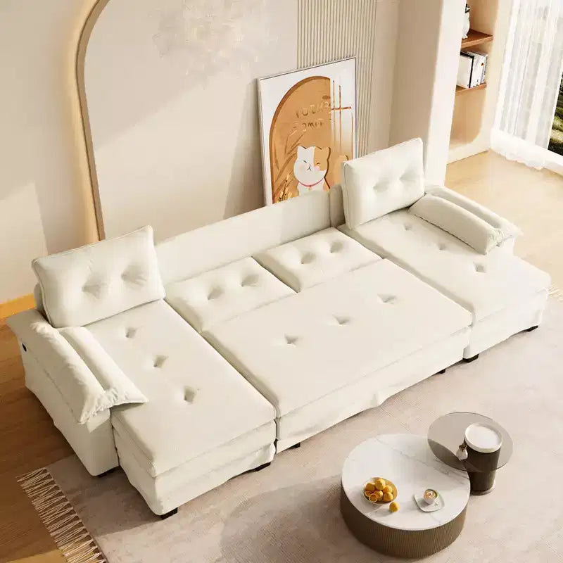 Divano letto componibile a U beige/grigio chiaro/arancione, 5 posti, con letto estraibile e porte USB