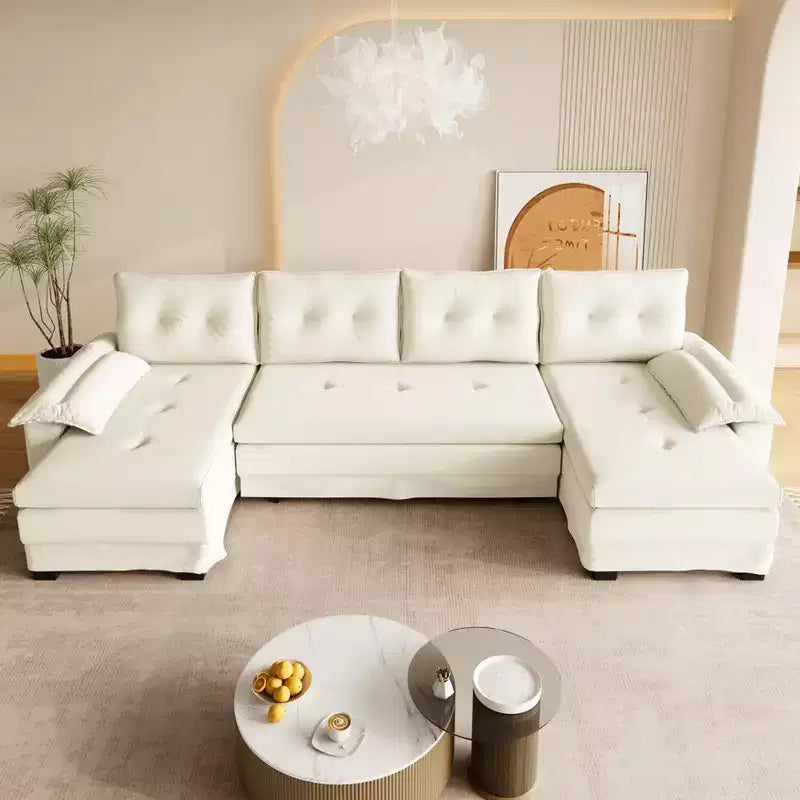 Divano letto componibile a U beige/grigio chiaro/arancione, 5 posti, con letto estraibile e porte USB