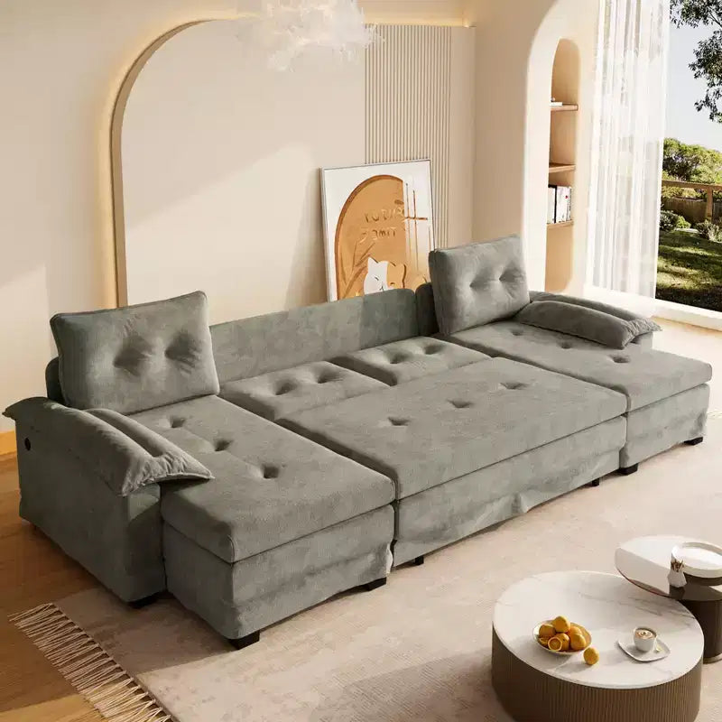 Divano letto componibile a U beige/grigio chiaro/arancione, 5 posti, con letto estraibile e porte USB