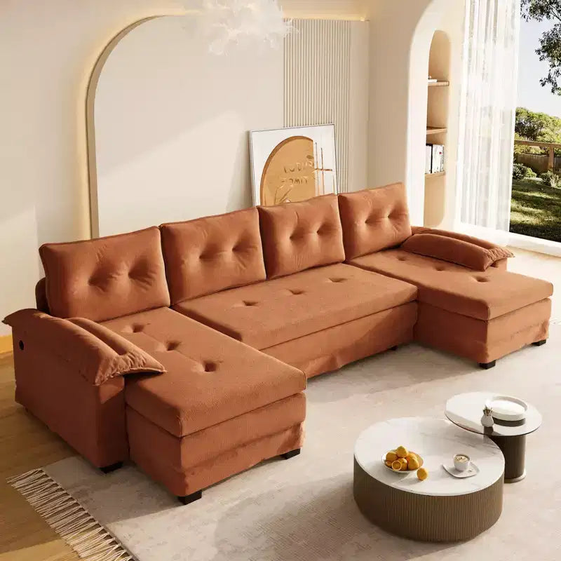 Divano letto componibile a U beige/grigio chiaro/arancione, 5 posti, con letto estraibile e porte USB