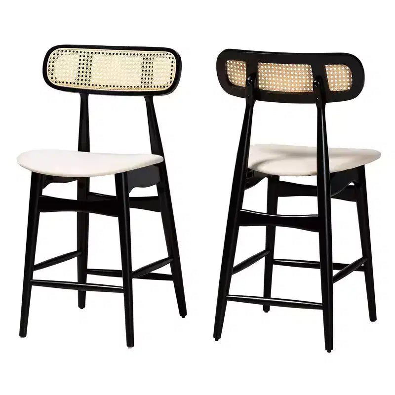 Sgabelli da bancone Mid-Century in rattan crema/nero/marrone chiaro, set da 2