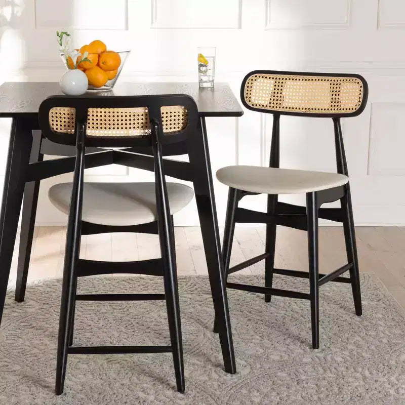 Sgabelli da bancone Mid-Century in rattan crema/nero/marrone chiaro, set da 2