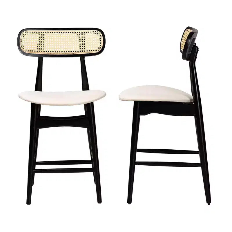 Sgabelli da bancone Mid-Century in rattan crema/nero/marrone chiaro, set da 2