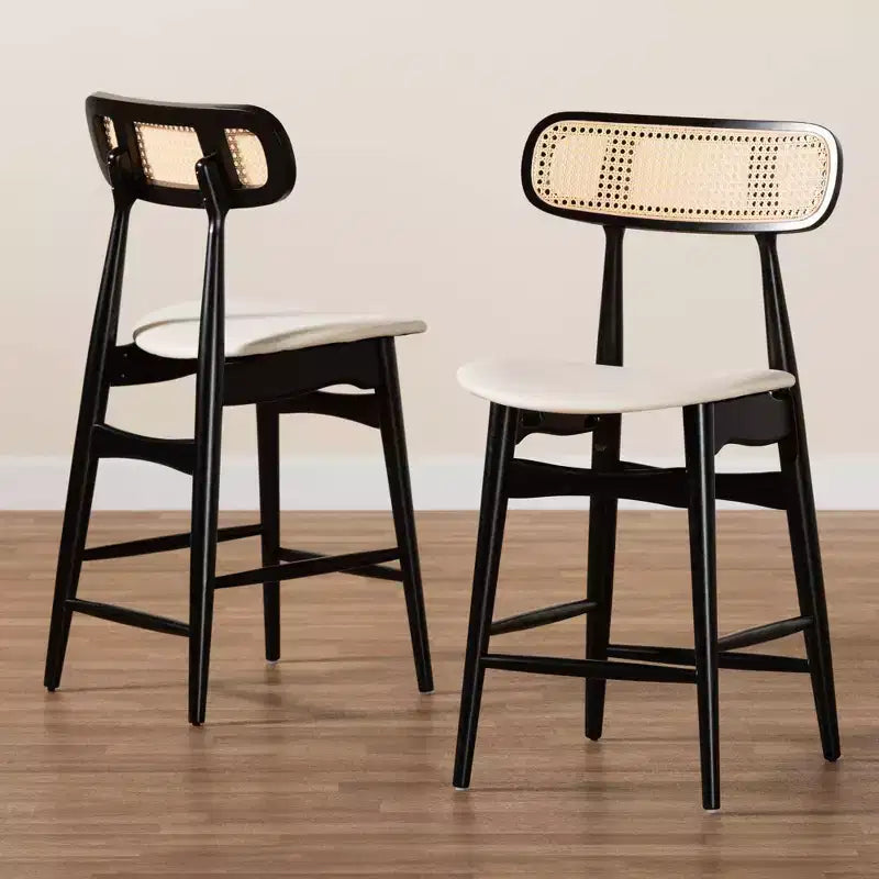Sgabelli da bancone Mid-Century in rattan crema/nero/marrone chiaro, set da 2