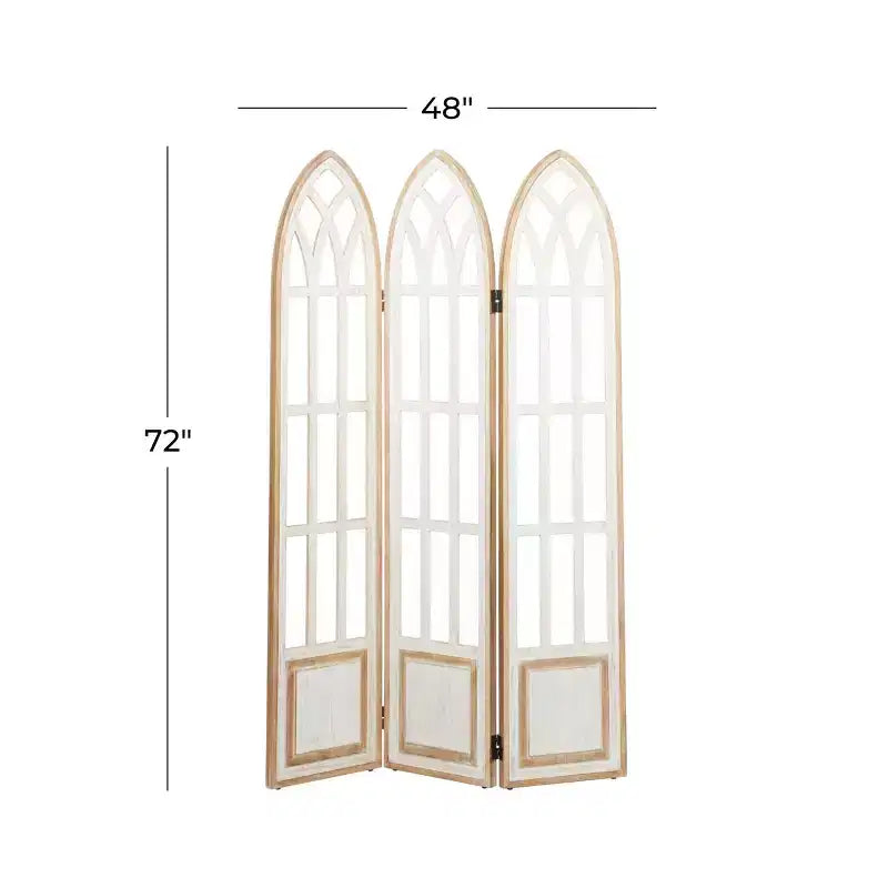 Paravento divisorio in legno bianco a 3 pannelli, stile rustico