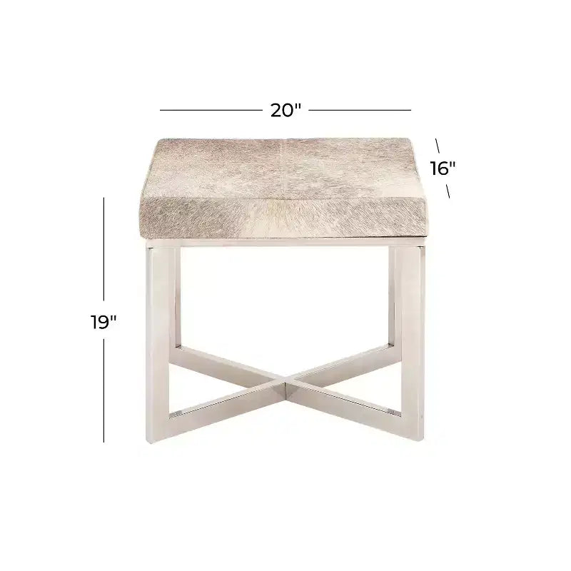 Sgabello quadrato in pelle bovina grigio argento, base a X, 1 posto