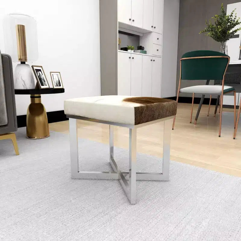 Sgabello quadrato in pelle bovina grigio argento, base a X, 1 posto