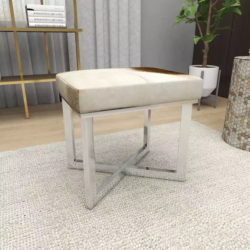 Sgabello quadrato in pelle bovina grigio argento, base a X, 1 posto