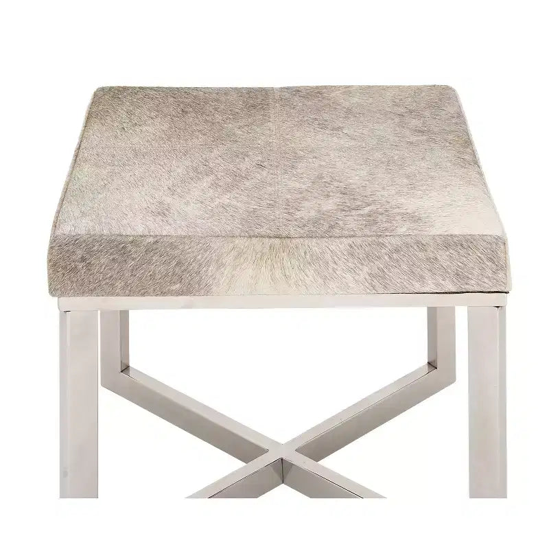 Sgabello quadrato in pelle bovina grigio argento, base a X, 1 posto