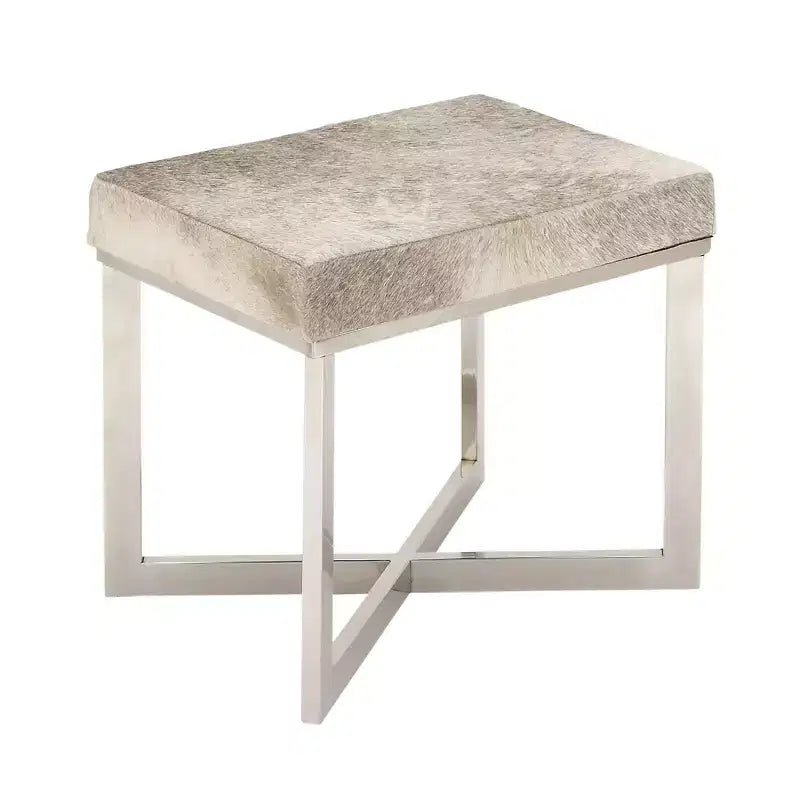 Sgabello quadrato in pelle bovina grigio argento, base a X, 1 posto