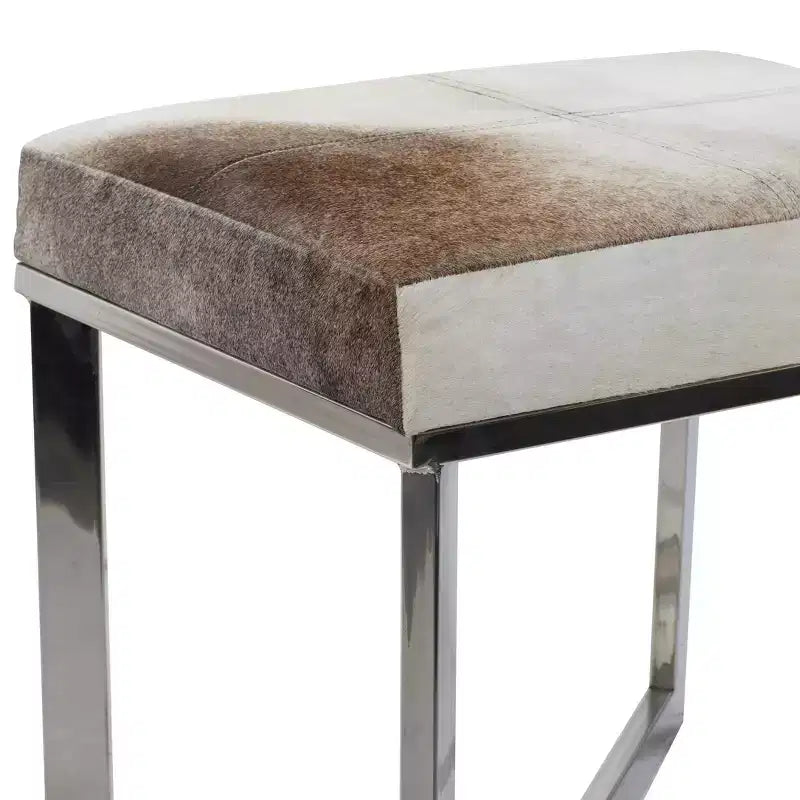 Sgabello quadrato in pelle bovina grigio argento, base a X, 1 posto