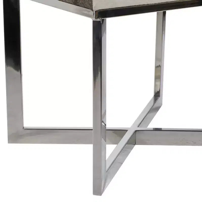 Sgabello quadrato in pelle bovina grigio argento, base a X, 1 posto