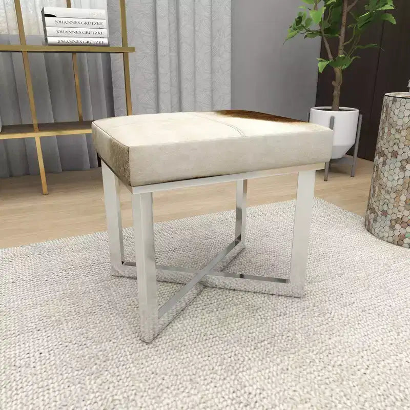 Sgabello quadrato in pelle bovina grigio argento, base a X, 1 posto