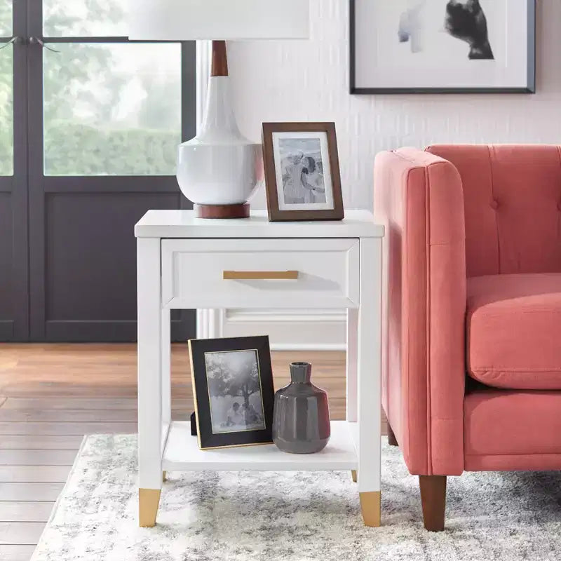 Tavolino Comodino Mid-Century Bianco con Cassetto e Ripiano, 1 pezzo