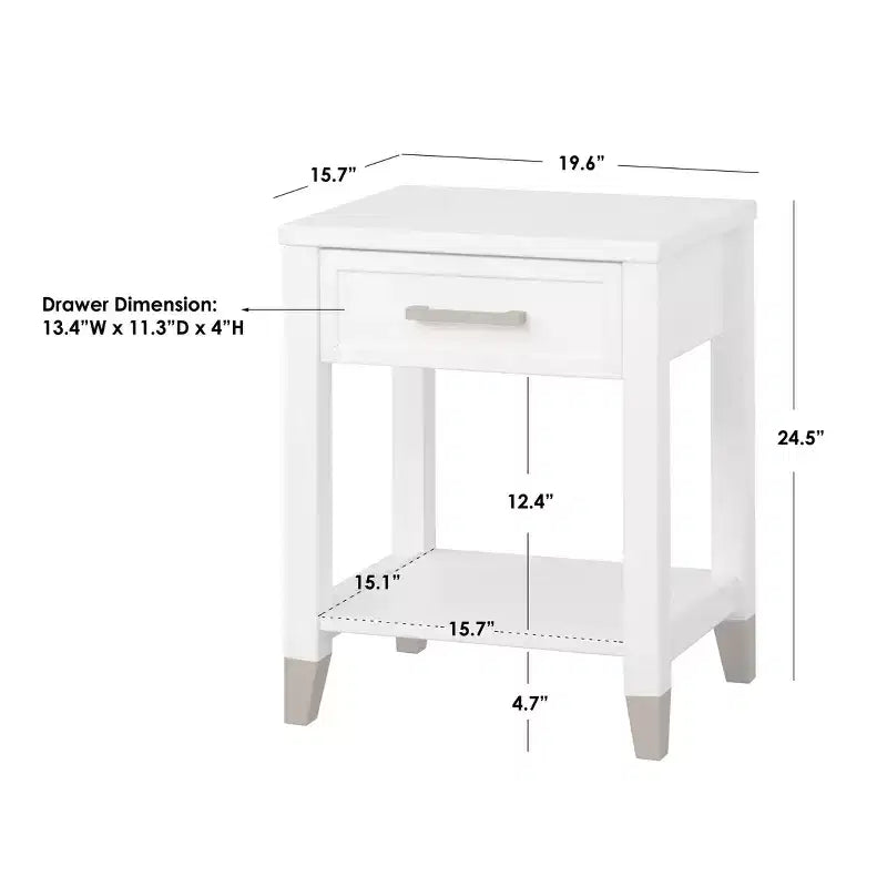 Tavolino Comodino Mid-Century Bianco con Cassetto e Ripiano, 1 pezzo