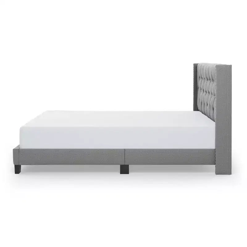 Letto matrimoniale/king-size imbottito con testiera ad ali, lino neutro