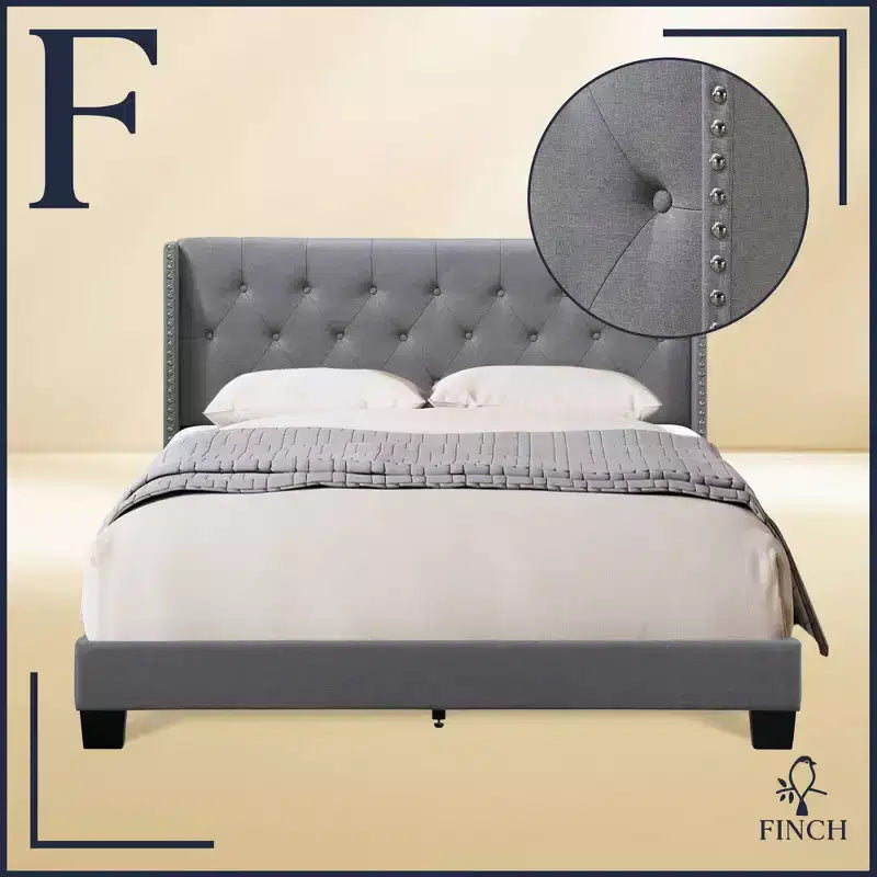 Letto matrimoniale/king-size imbottito con testiera ad ali, lino neutro