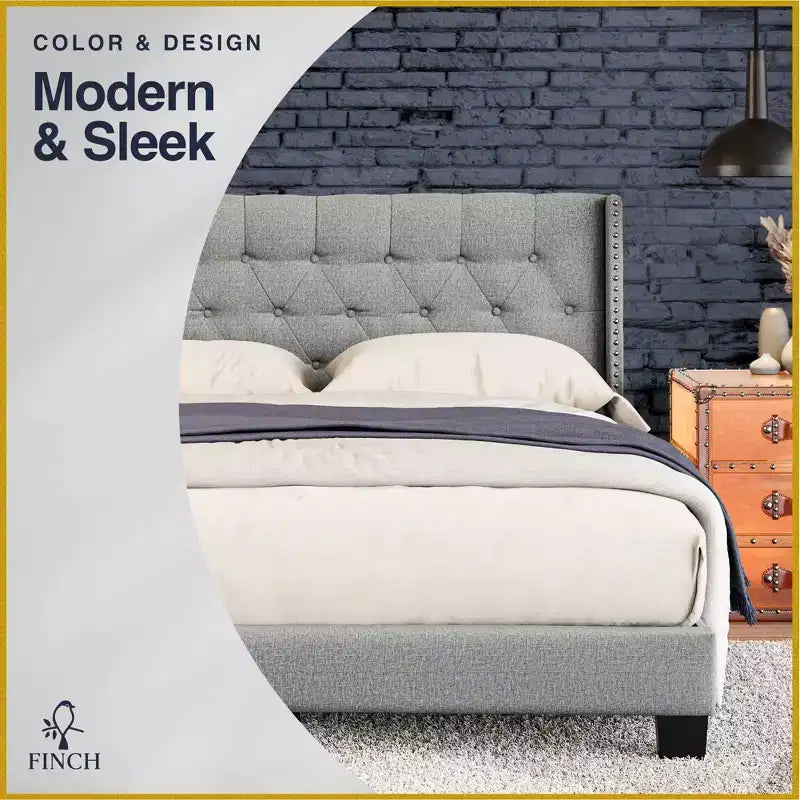 Letto matrimoniale/king-size imbottito con testiera ad ali, lino neutro
