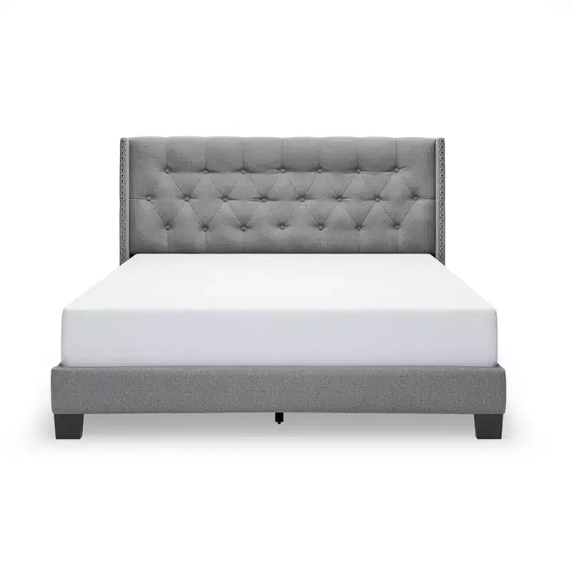 Letto matrimoniale/king-size imbottito con testiera ad ali, lino neutro