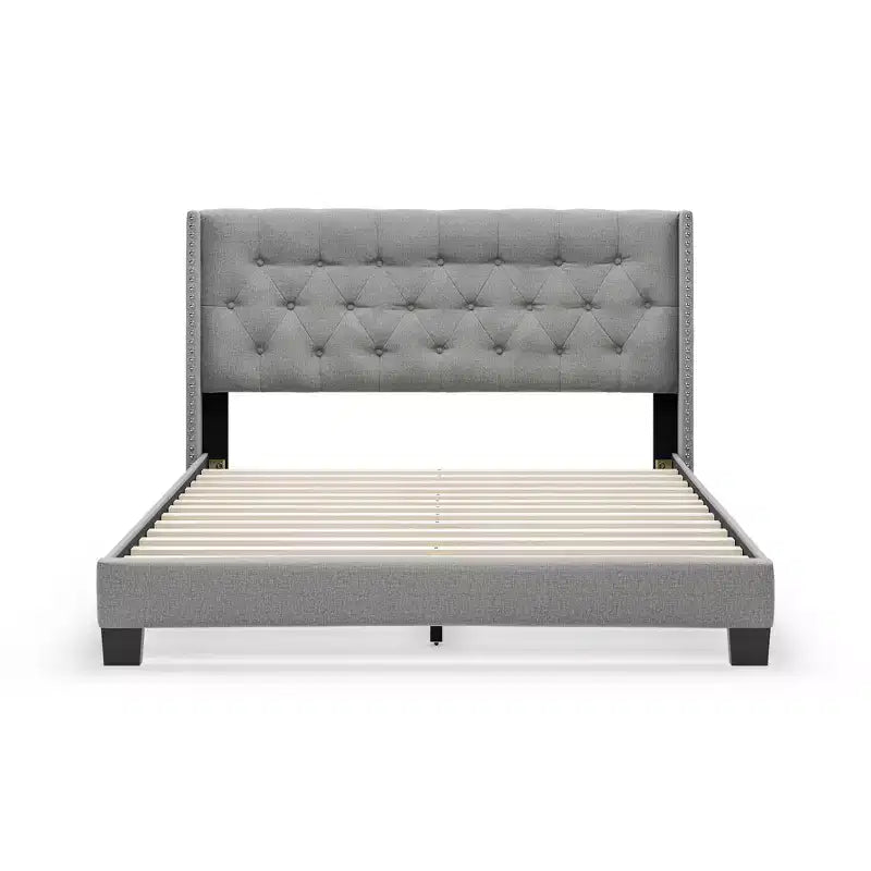 Letto matrimoniale/king-size imbottito con testiera ad ali, lino neutro