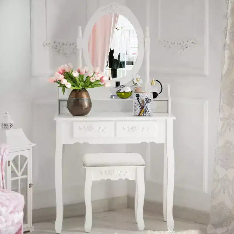 Toeletta con Sgabello e 4 Cassetti, 1 Posto, Legno Bianco