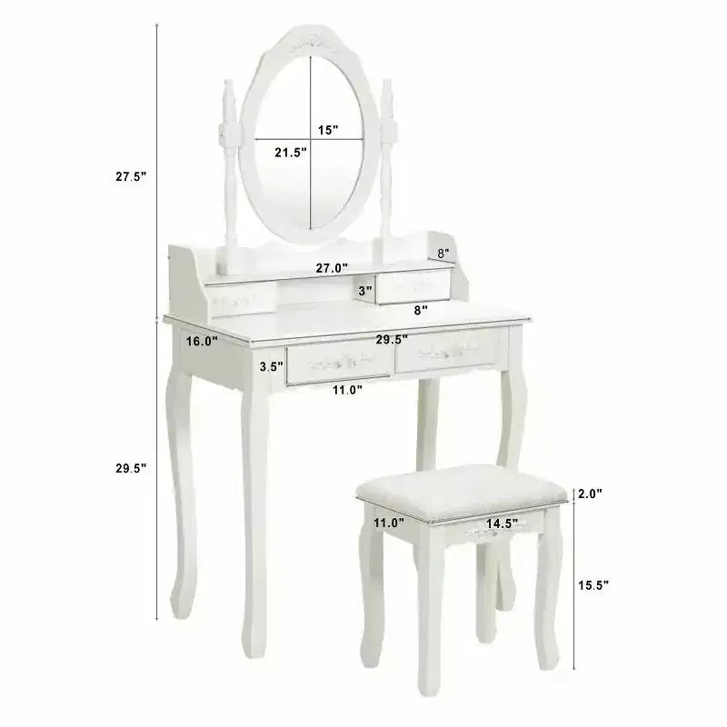 Toeletta con Sgabello e 4 Cassetti, 1 Posto, Legno Bianco