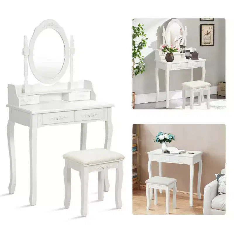 Toeletta con Sgabello e 4 Cassetti, 1 Posto, Legno Bianco