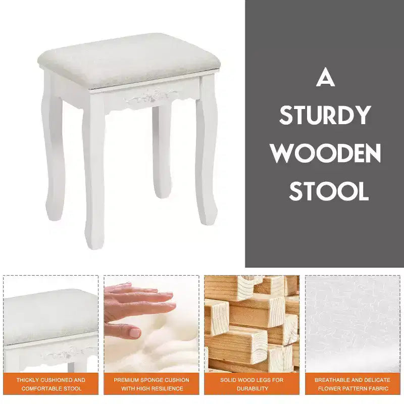Toeletta con Sgabello e 4 Cassetti, 1 Posto, Legno Bianco