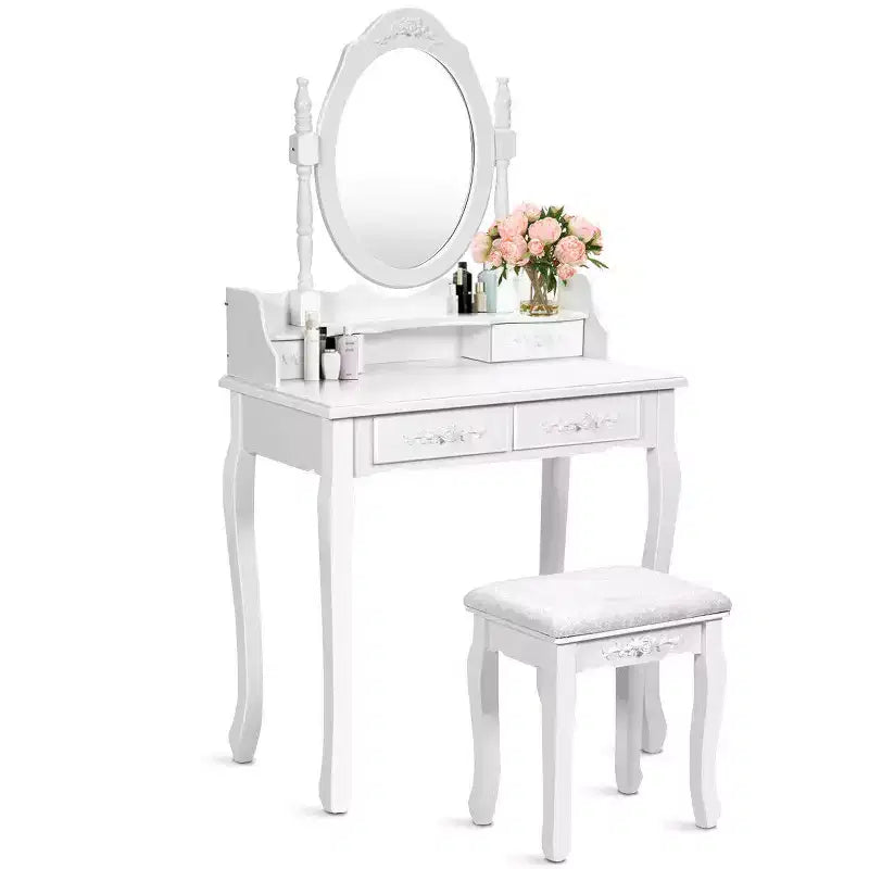 Toeletta con Sgabello e 4 Cassetti, 1 Posto, Legno Bianco