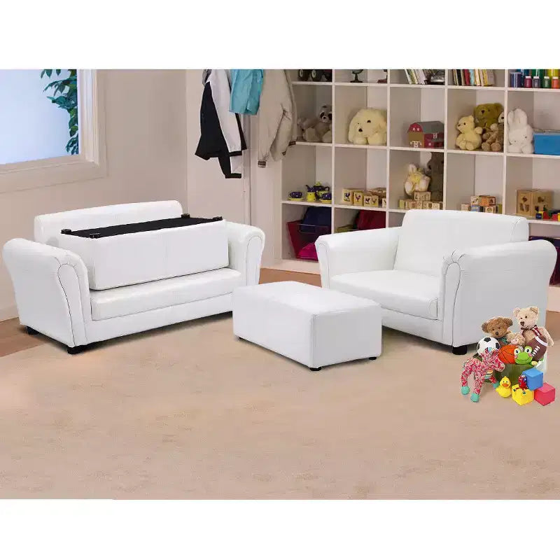 Divano per bambini a 1 posto in similpelle bianca con pouf