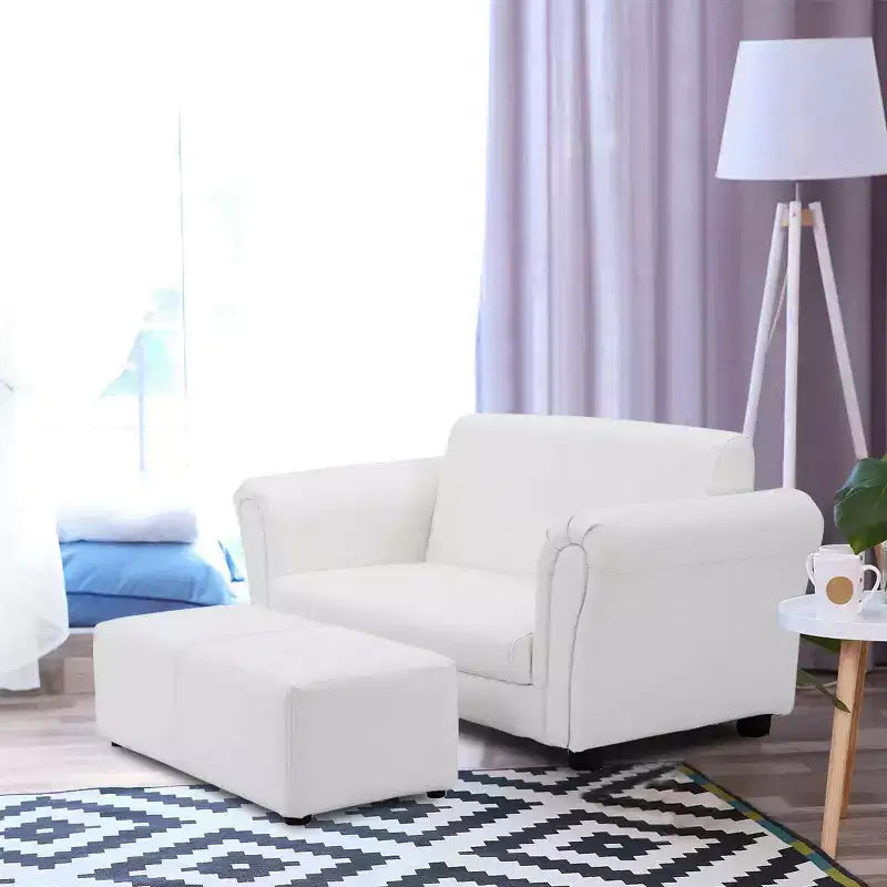 Divano per bambini a 1 posto in similpelle bianca con pouf