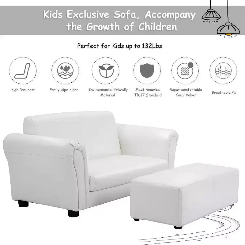 Divano per bambini a 1 posto in similpelle bianca con pouf
