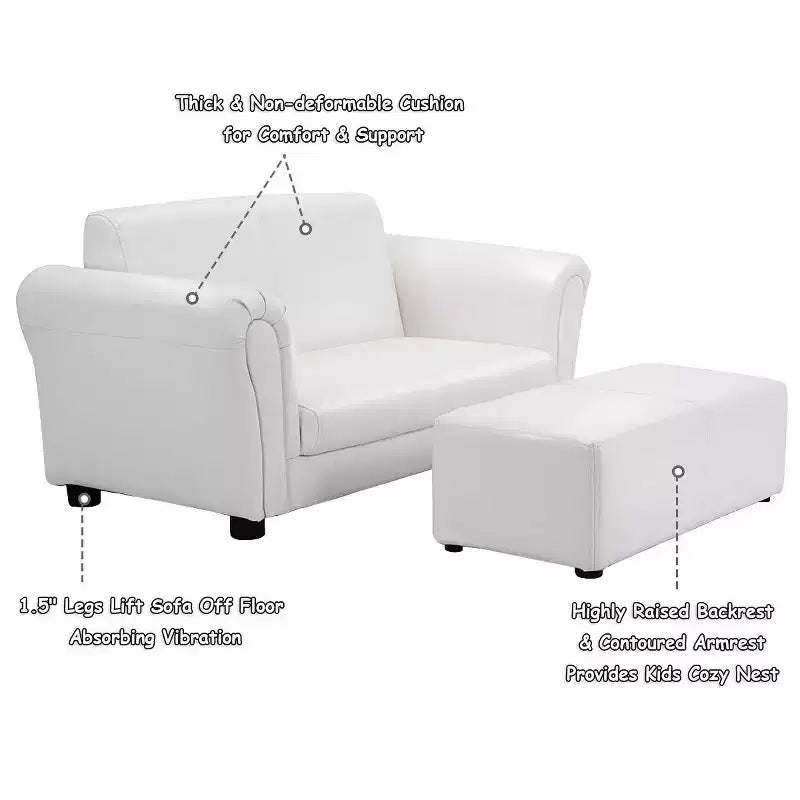Divano per bambini a 1 posto in similpelle bianca con pouf
