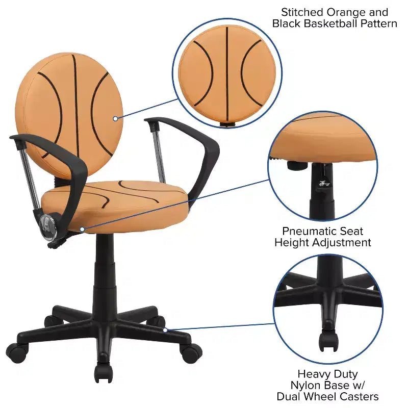Sedia Girevole da Lavoro Monoposto con Braccioli, Nera e Arancione / Stile Sportivo
