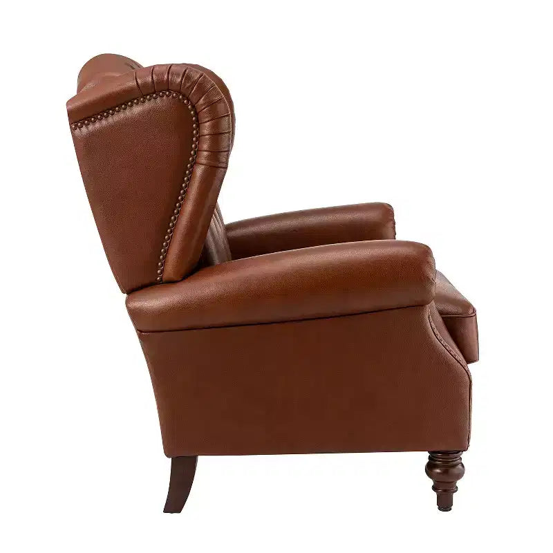 Poltrona Wingback monoposto in vera pelle nera / marrone / bordeaux / cammello / blu navy, con borchie decorative
