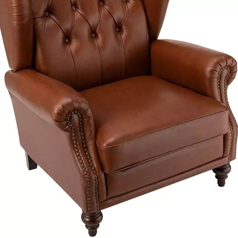 Poltrona Wingback monoposto in vera pelle nera / marrone / bordeaux / cammello / blu navy, con borchie decorative