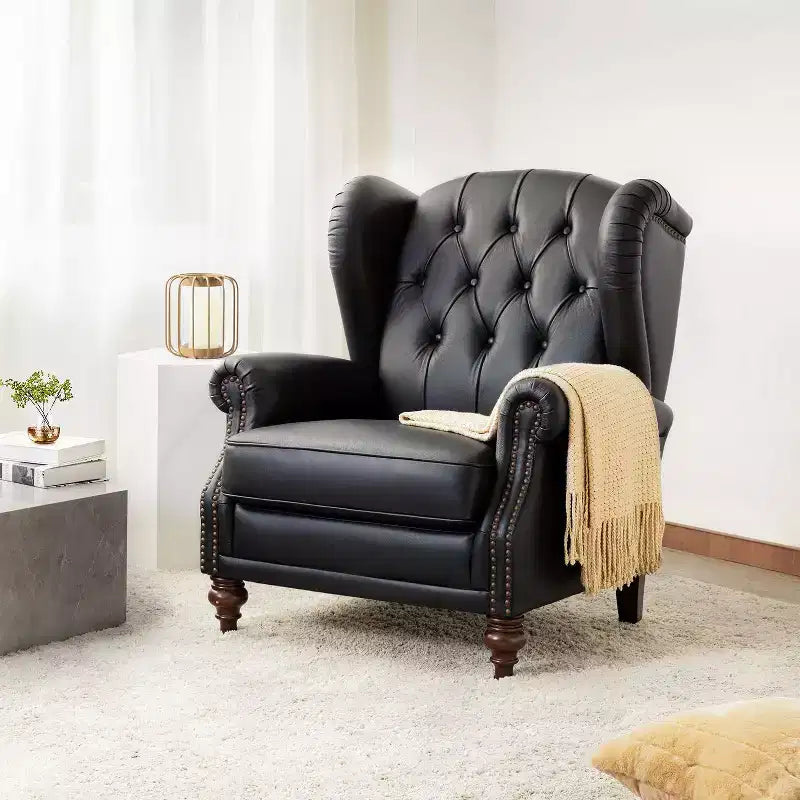 Poltrona Wingback monoposto in vera pelle nera / marrone / bordeaux / cammello / blu navy, con borchie decorative